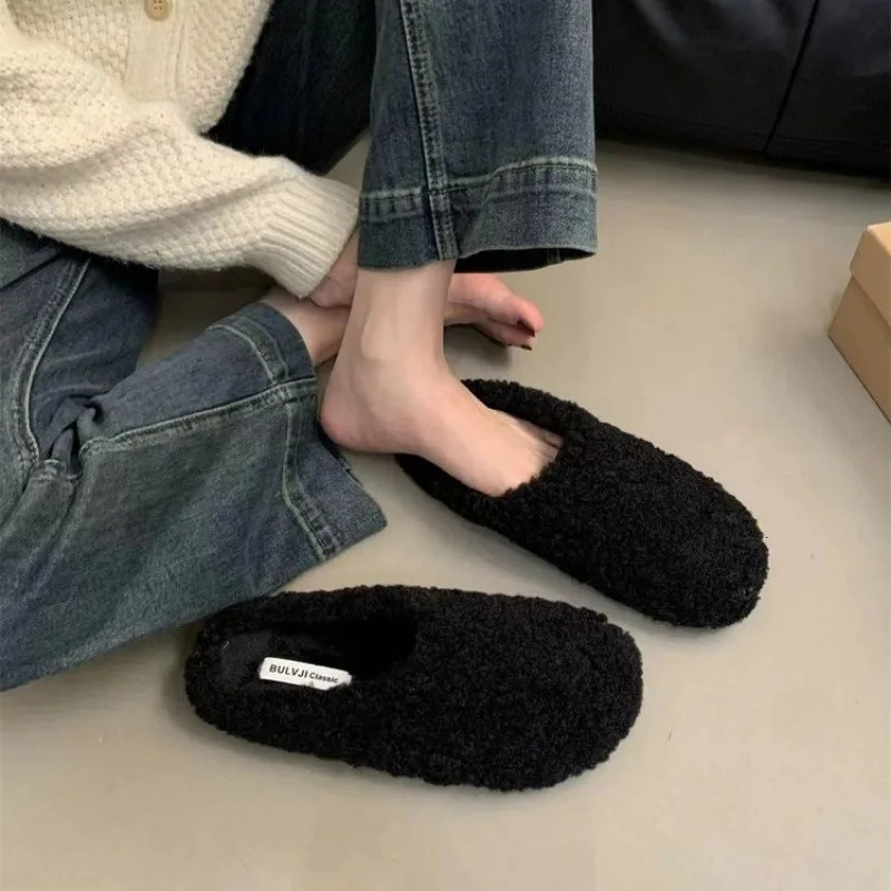 Style Real Leather Fur Women Horsehair Half Slippers Mule Flats Thick Sole Leisure Shoes 241031