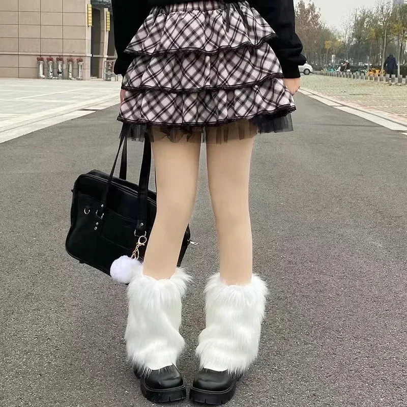 Y2k Vintage Leg Warmers Street Style Plush Faux Fur White Gothic Punk Boot Black Knee-length Fashion Women Stockings 241031