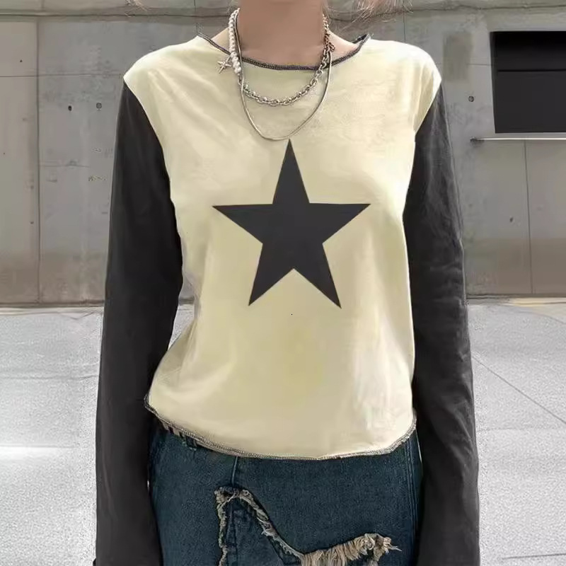 Design sense: 2024 Spring Autumn new sweet and spicy contrasting color lucky star women's T-shirt