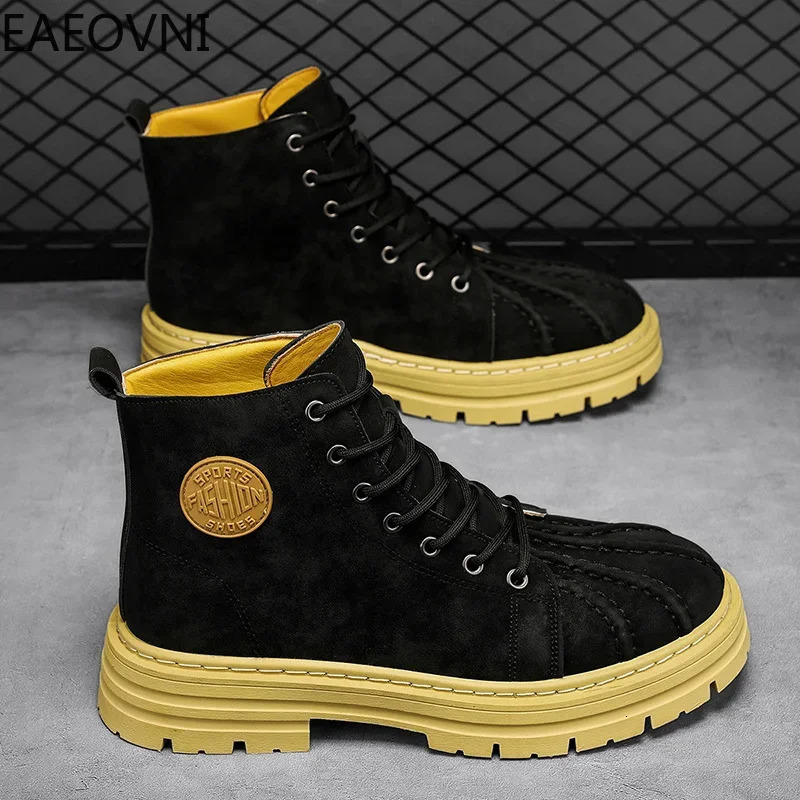 Long boots mens boots lace up anti slip high elastic velvet thick British EAEOVNI explosive winter boots 241031