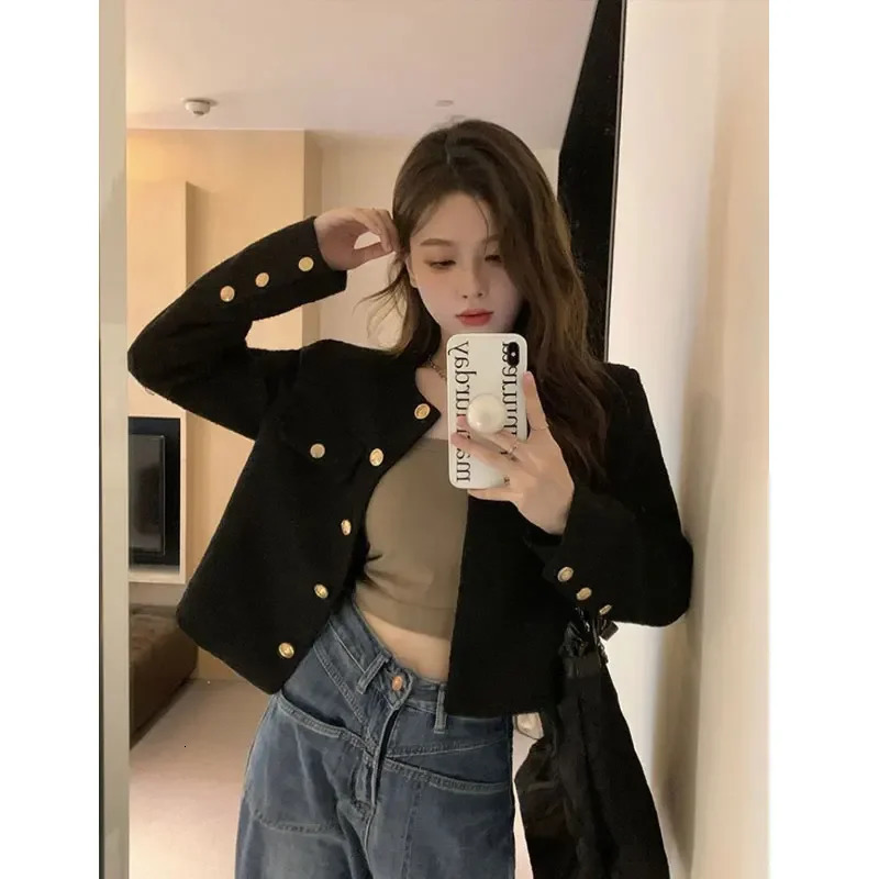 Deeptown Cropped Tweed Jacket Women Vintage Aesthetic Korean Fashion Harajuku Chic Elegant Jackets Autumn Winter Cardigan Coat 241031