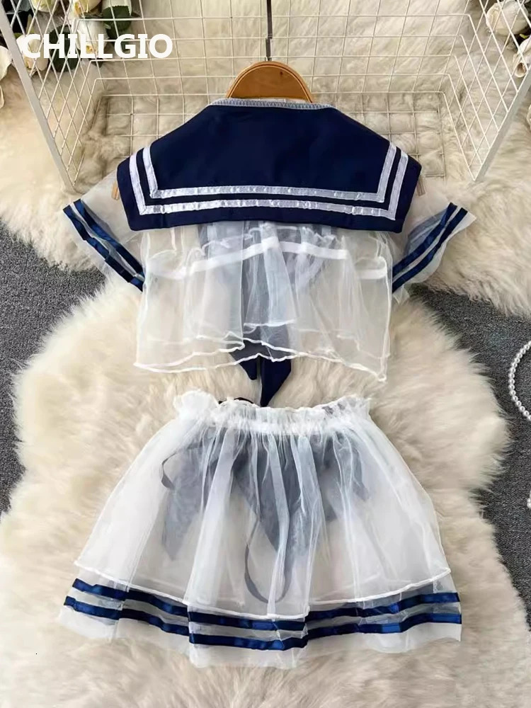 CHILLGIO Women Transparent Sexy Mesh Pajamas Suits Fashion sweet Japan Preppy Style Erotic 3 Pieces JK Uniform Nightgowns Set 241031