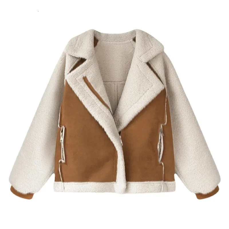Versatile Tweed Style Jacket 2024 Womens Loose Fit Integrated Chamois Leather Fleece Cropped Sheep Fleece Motorcycle Jacket 241031