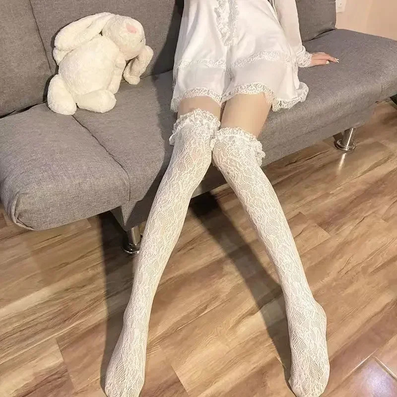 Women Sexy Lace Top Floral Rattan Fishnet Stockings Long Tube Mesh Over Knee Body Stockings Thigh High Hosiery Goth Long Socks 241031