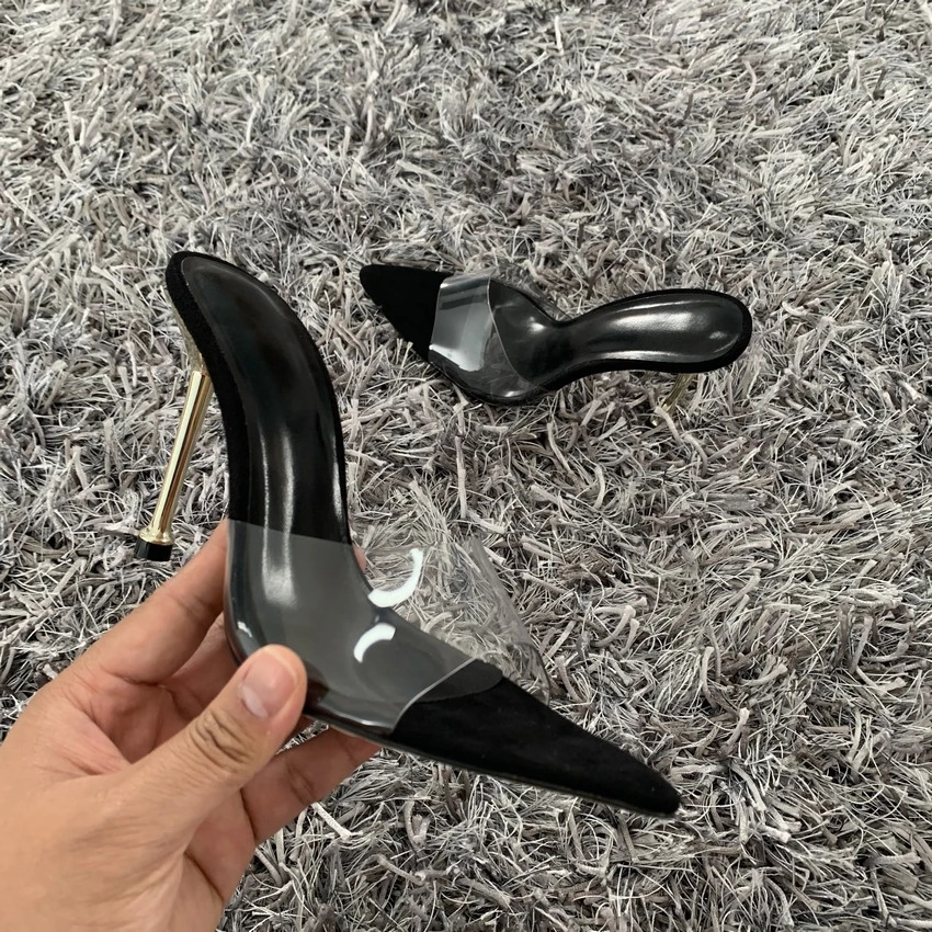 2024 Summer Women Pumps Transparent PVC Slippers Women Pointed Toe Metal Stiletto High Heels Sandals Ladies Mules Shoes 241031