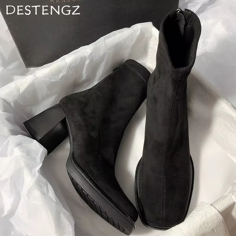 High Stretch Square Ankle High Warm Fur Winter Boots Women's Black And Brown Women's Shoes Wsh5015 Doc Martines
