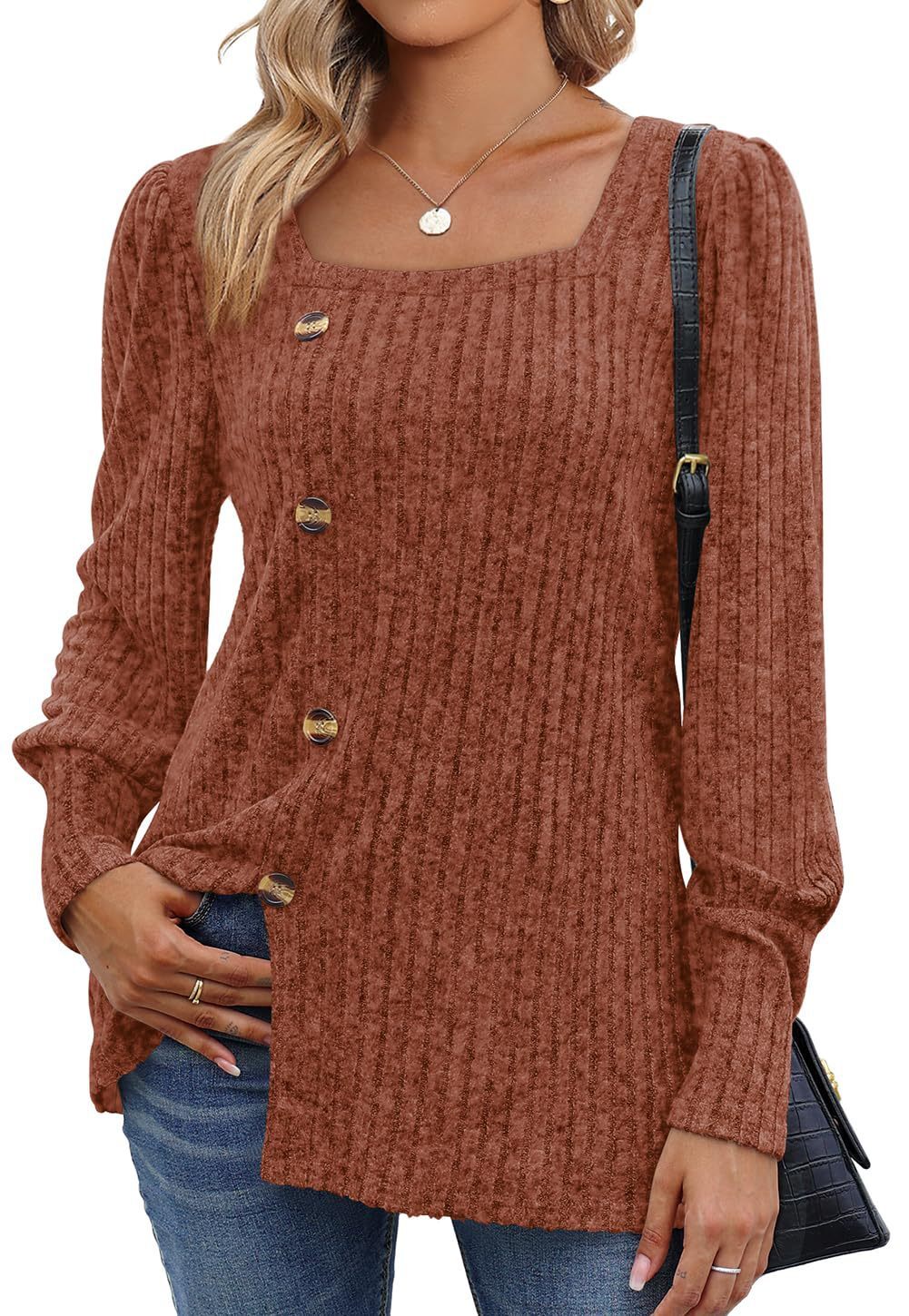 Designer's autumn and winter new item with buckle square collar long sleeved solid color t-shirt women's clothing