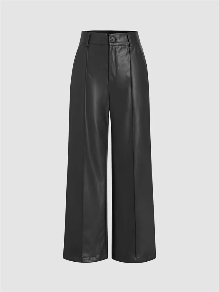 Women High Waist Matte Leather Straight Pants Casual Loose Trousers With Pocket Vintage Burgundy PU Pants Party Cutstom Clubwear 241031