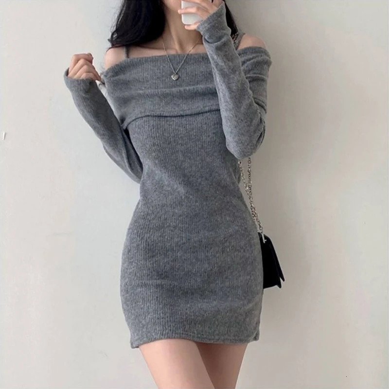 Y2K Women Knitted Mini Dress Korean Sexy Off Shoulder Female Dress Spring Spaghetti Strap Long Sleeve Ladies Vestidos 241031
