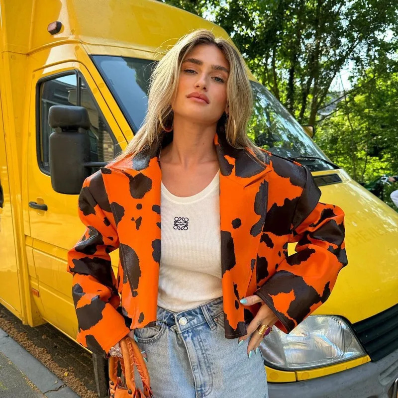 PU Leather Cow Printed Women Crop Jacket Blazer Notched Neck Loose Coat Fall Winter Y2K Streetwear Sexy Night Club Outfits 241031