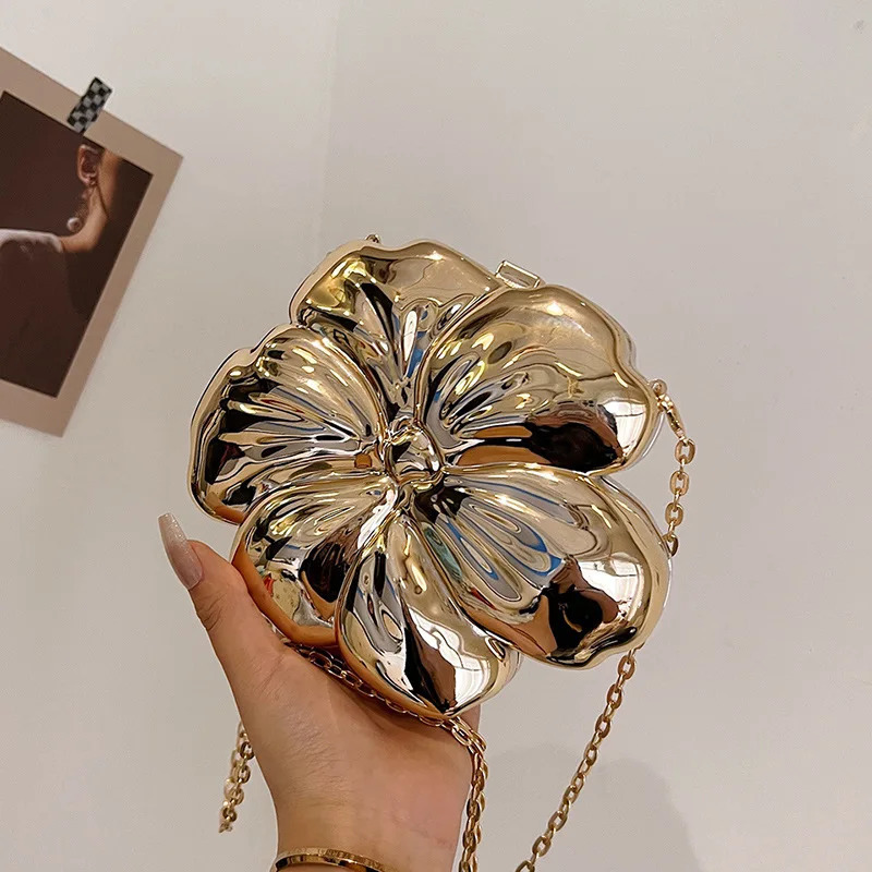 Fashion metal flower shaped cross shaped bag womens gold box shoulder bag shiny evening dress party clutch bag mini phone bag 241031