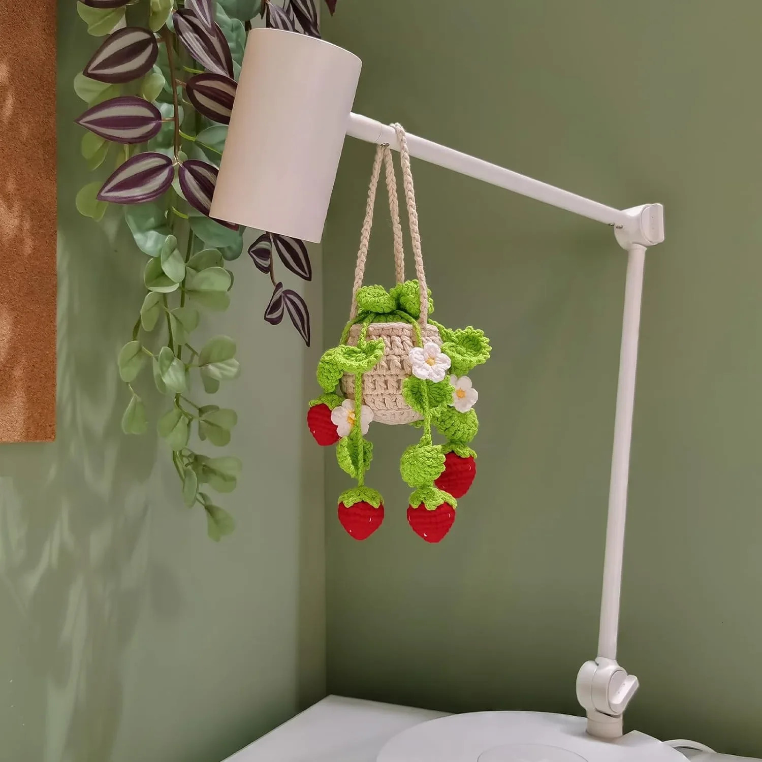 New Crochet Basket Strawberry Hanging Plant Decor Car Ornaments Charms For Rear View Mirror