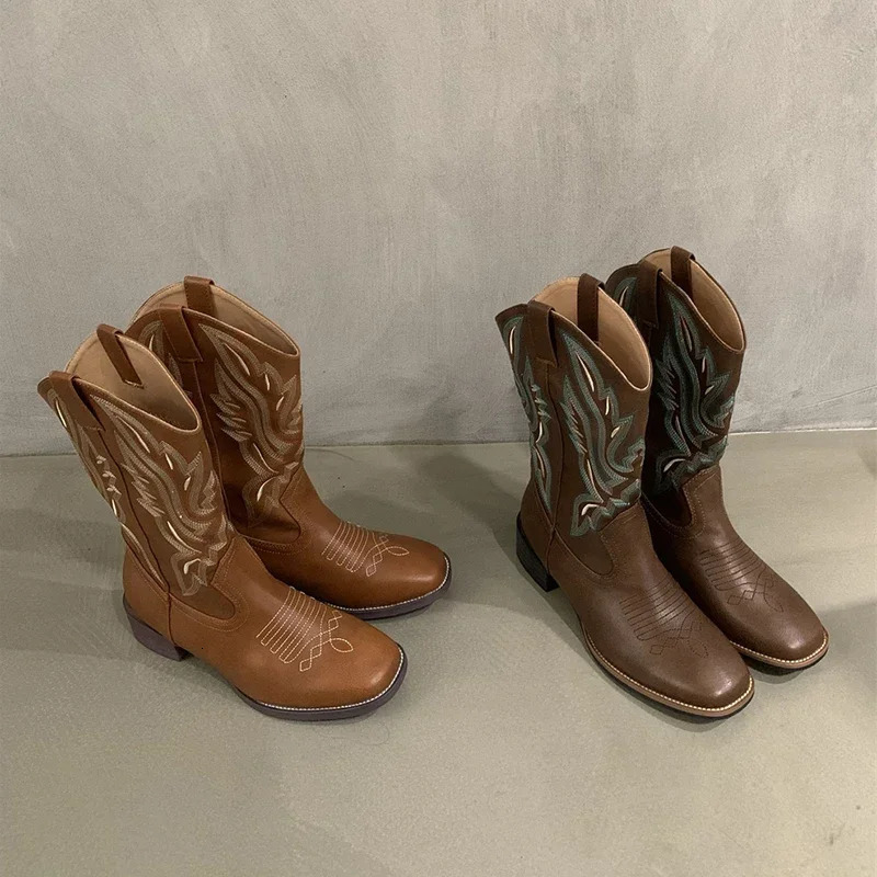 Lanjia Retro Style Embroidery Women Western Cowgirl Boots Fashion Zippers Mid Calf Booties Square Heels Autumn Winter Shoes B Ce E