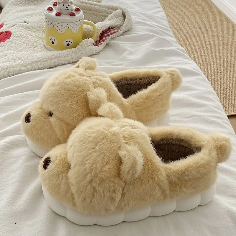 Winter Comfort Cotton Slippers Plush Bag Heel Home EVA Platform Bear Womens Indoor Warm Shoes 241031