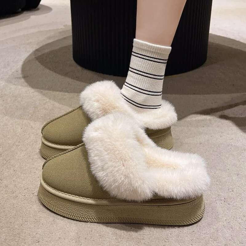 2024 New Leather Women Fashion Winter Indoor Solid Color Suede Fur Slippers Ladies Home Platform Warm s Slip-on Women's Shoes