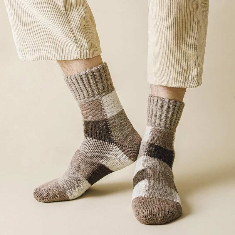 5pairs Winter Mens Warm Thermal Colorblock Thick Wool Socks Warm Colorblock Soft Comfortable Plush Snow Floor Sock High Quality 241031