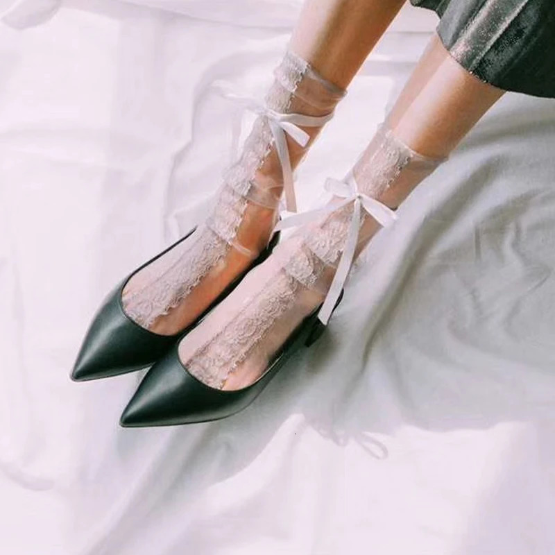 Sexy Lace Socks Womens Transparent Mesh Ultra-Thin Bow Cute Socks for Ladies Fashion Lolita Black White Socks Women 241031