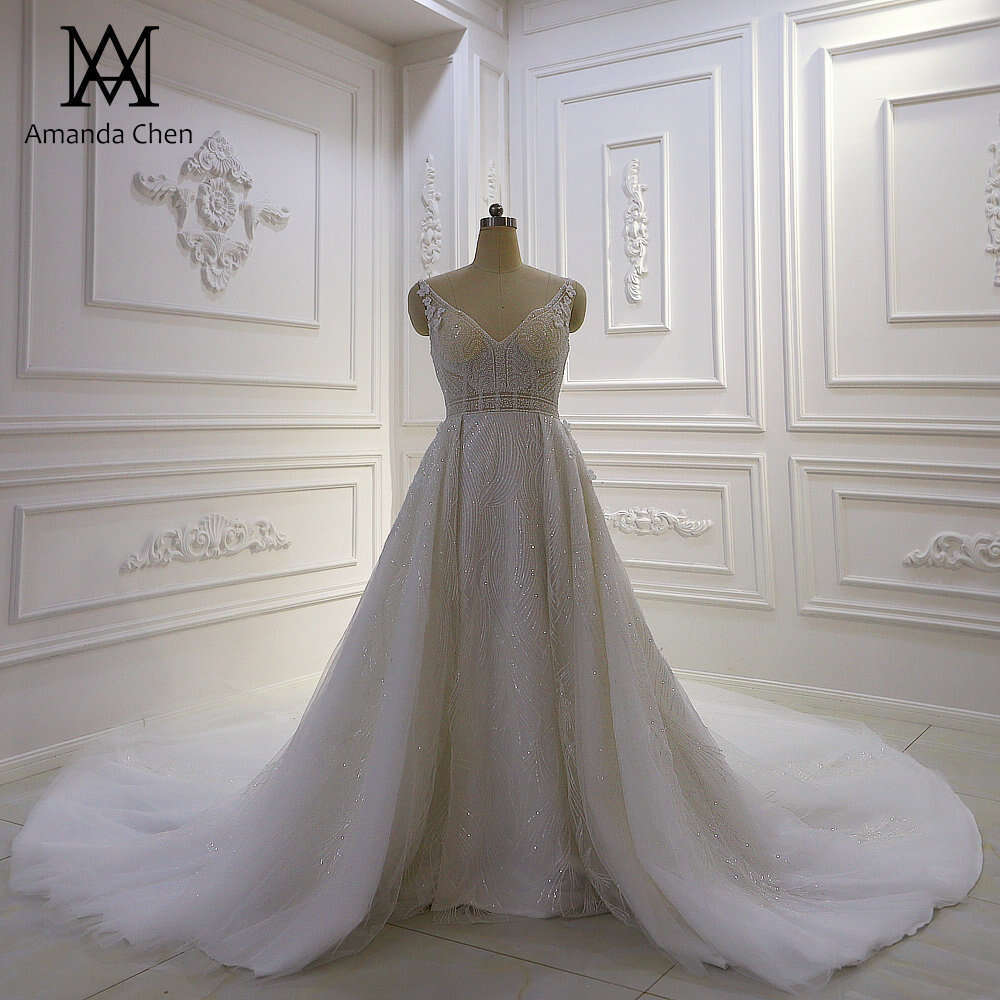 robe de soiree Cap Sleeve Beading Long Train Sheer Backless Wedding Dress
