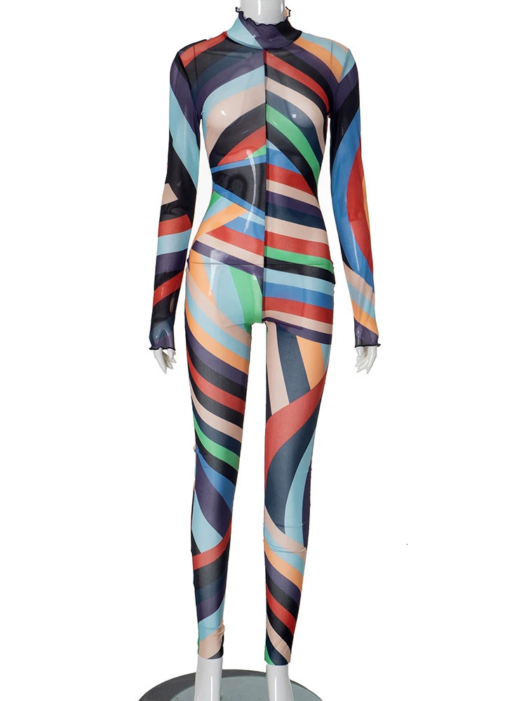 WLWXR Autumn Y2K Abstract Print Mesh Jumpsuit Birthday Party Outfit For Women 2024 Long Sleeve Sexy See Through Skinny Romper 241031