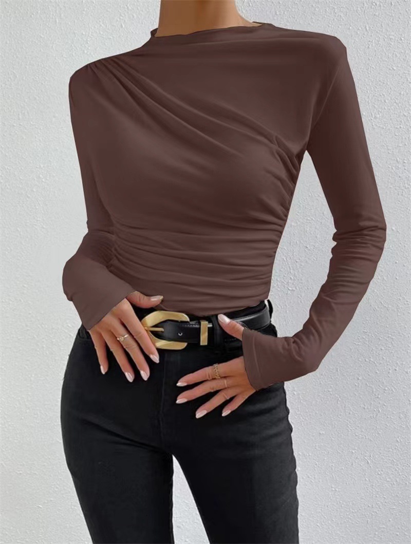Designer 2024 autumn/winter solid color temperament slim fit versatile pleated design sense long sleeved top T-shirt for women