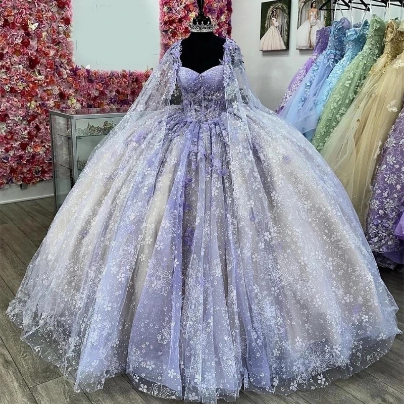 Lavender Lilac Quinceanera Dresses Ball Gown Sequin Applique Lace Beads Tulle With Cape Corset Sweet 16 Vestidos De XV 15 Anos
