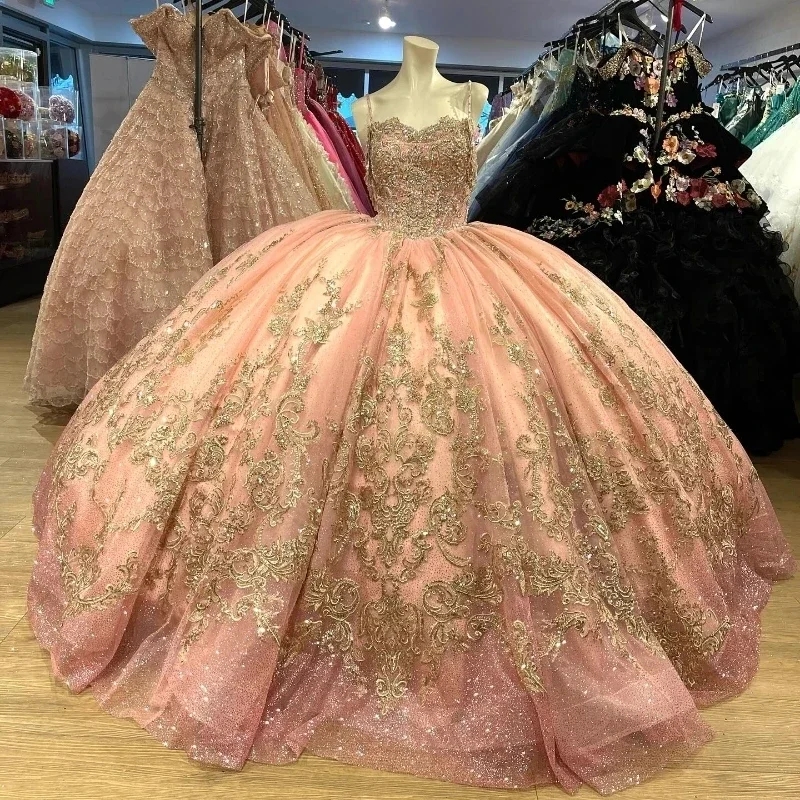 Shiny Pink Ball Gown Quinceanera Dresses Gold Appliques Lace Beads Tull Sweet Birthday Party Dress Vestido De Anos