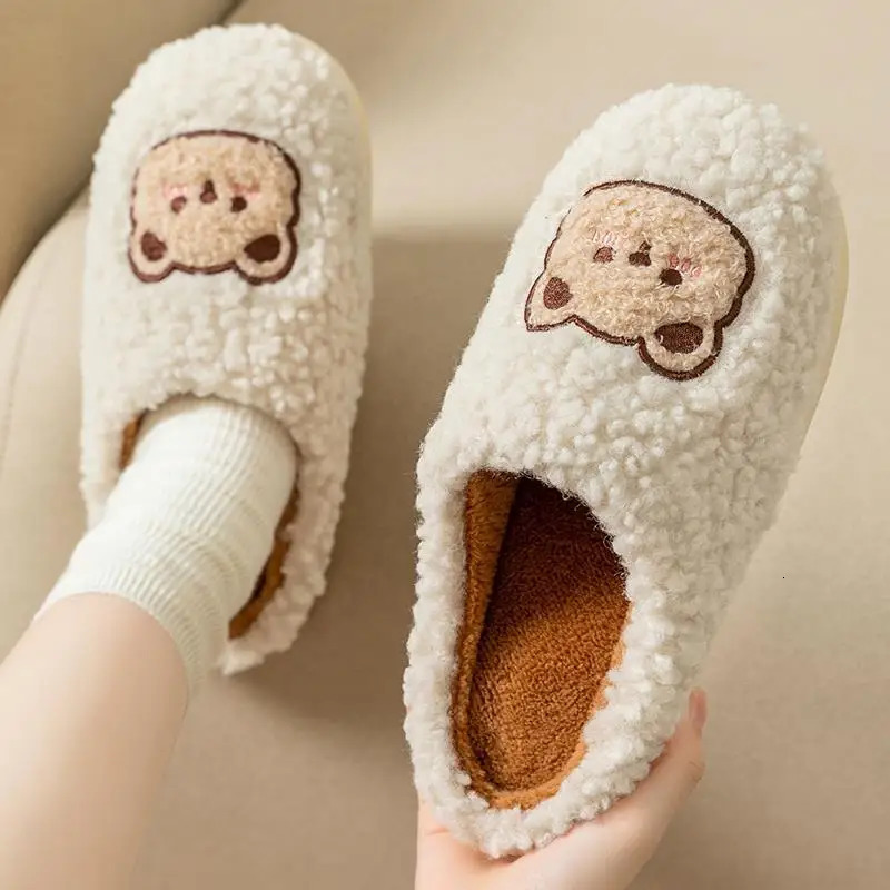 WDZKN fashionable winter womens home slippers cute cartoon flat anti slip fur warm slippers womens bedroom cotton shoes 241031