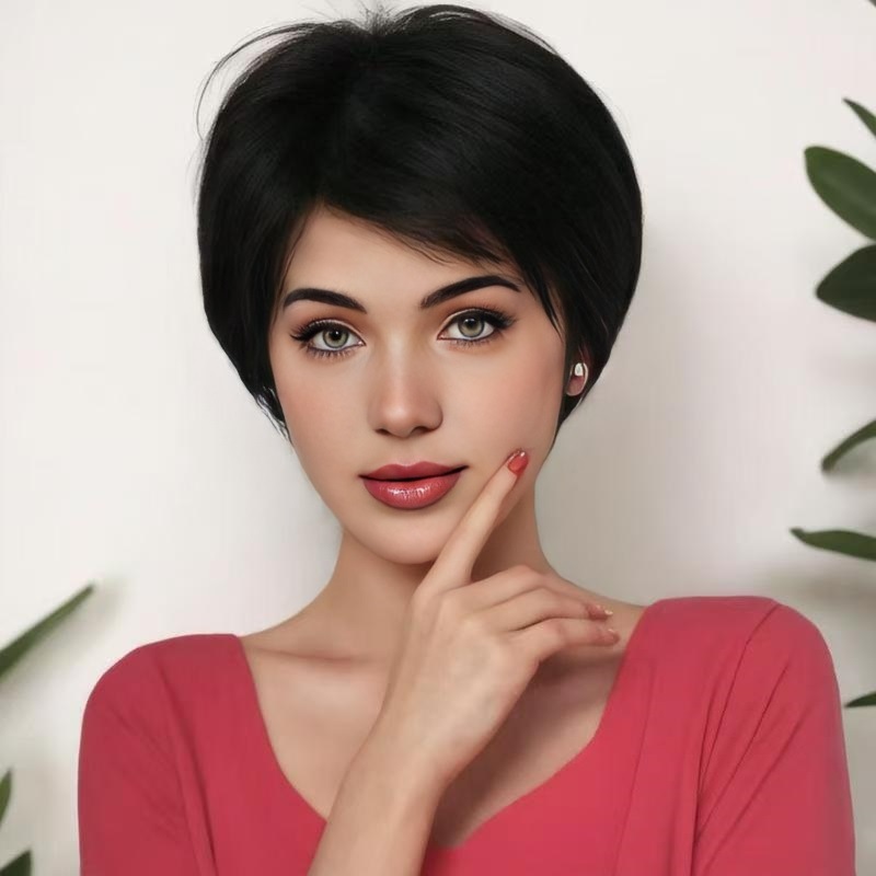 Fashion wig short straight hair side parted bangs synthetic fiber full headpiece wigs human hair
