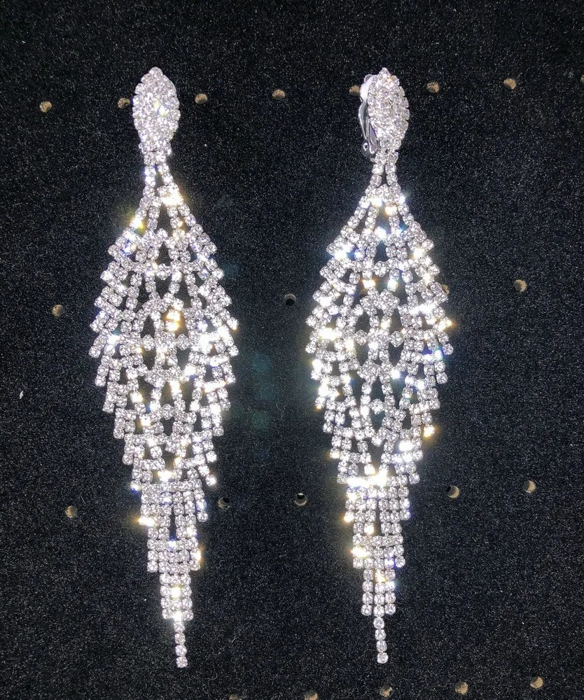 Long Tassel Clip On Earrings Rhinestone Chandelier Boho Fringe Chain Earring for Wedding Bridal Party Jewelry 241030