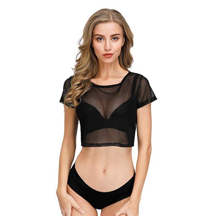 Designer's new mesh tight see through base shirt, sexy and seductive lingerie, sleeved T-shirt, exposed navel short top