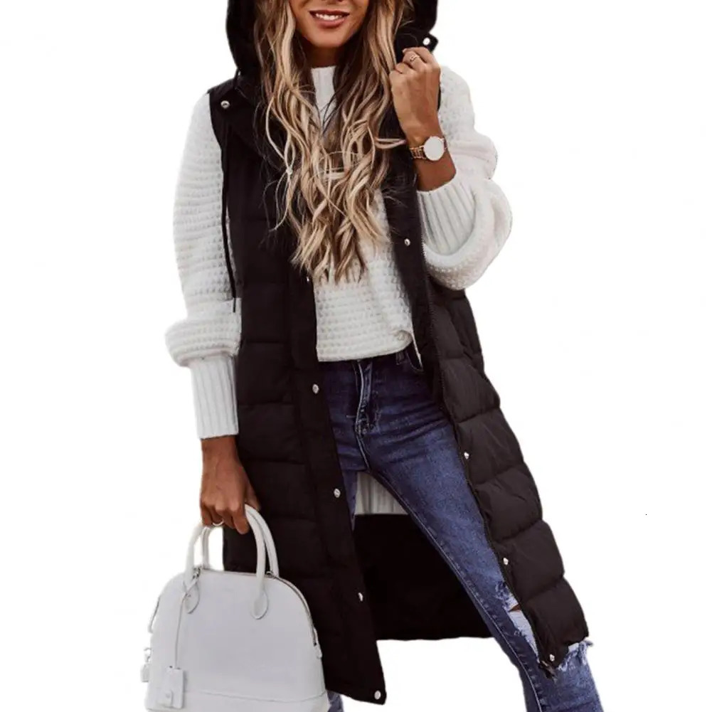 Women Winter Vest Coat Padded Sleeveless Hooded Women Coat Mid Length Slim Fit Zipper Hem Pockets Lady Long Winter Waistcoat 241031