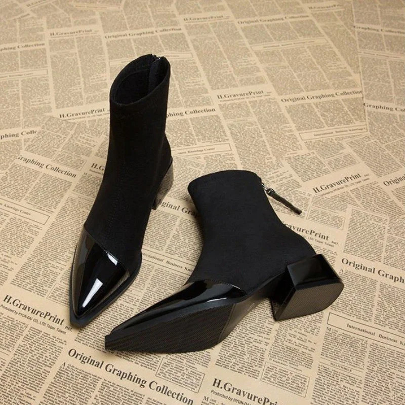Simple and Versatile Winter Women Shoes High Quality Womens Pointed Toe Comfortable Mid-heeled Zipper Short Boots 241030 4