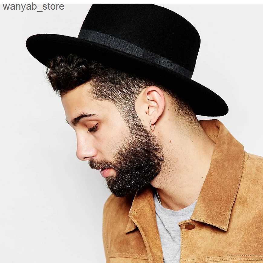 Stingy Brim Hats New Fashion Wool Pork Pie Boater Flat Top Hat For Womens Mens Felt Wide Brim Fedora Gambler Hat L240910