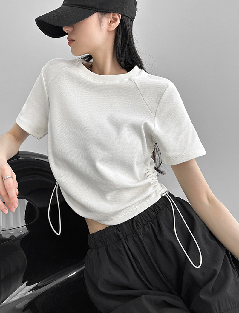 Dynamic girls in Europe and the United States wind positive shoulder small fly sleeve short-sleeved T-shirt female 2024 new solid colour ol spicy girl