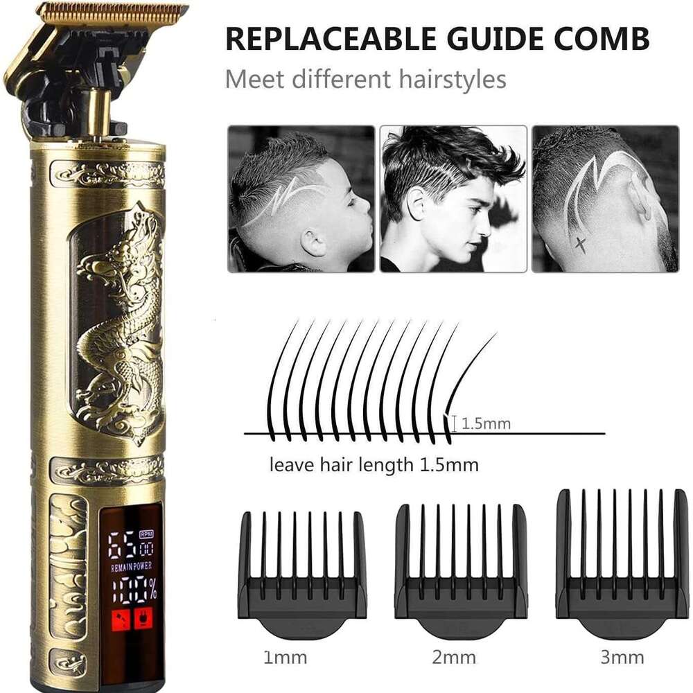 Men's Cordless Electric Hair Clippers Kit Rechargeable T-Blade Trimmer with Zero-Gap Edge and Guide Comb Dragon Design