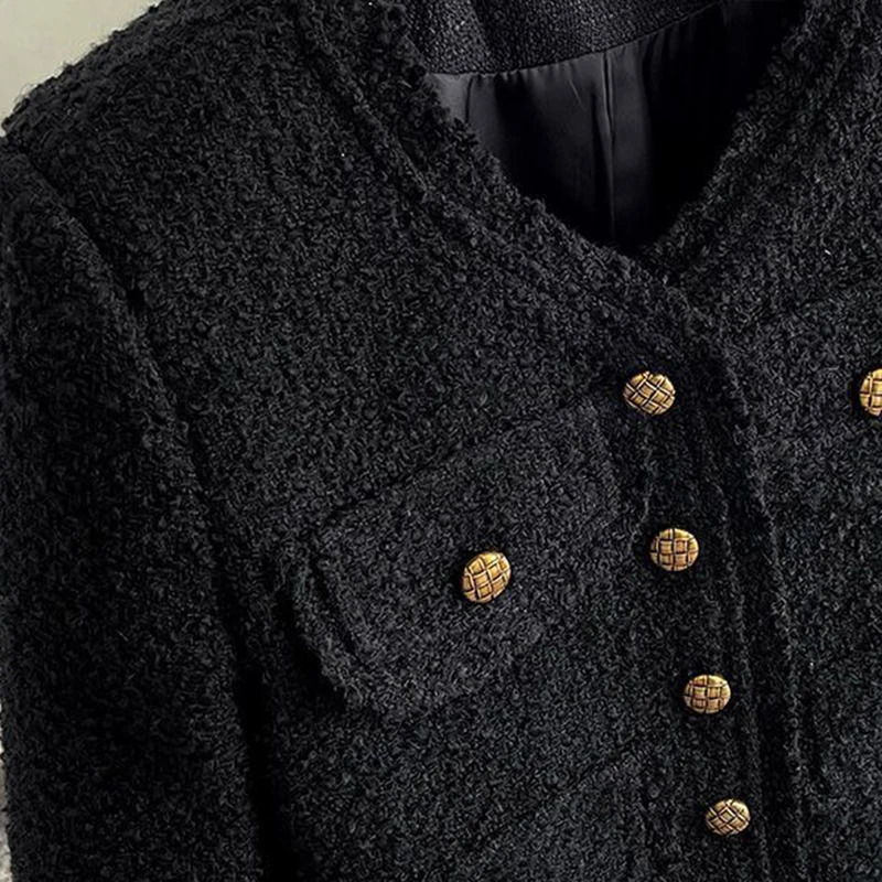 Rimocy Cropped Tweed Jacket Women Korean Fashion Round Neck Single-breasted Jackets Woman Autumn Winter Long Sleeve Chic Coats 241031