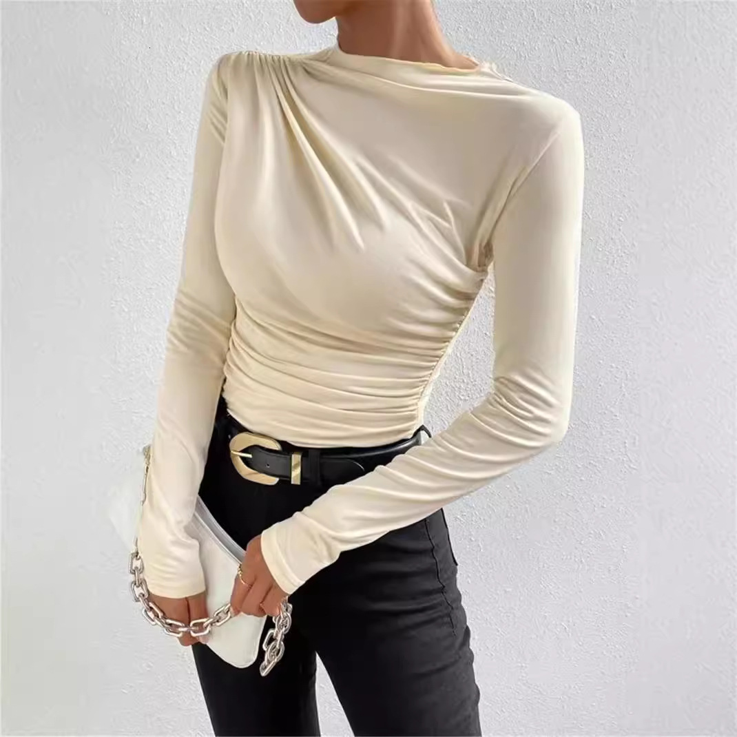 Designer 2024 autumn/winter solid color temperament slim fit versatile pleated design sense long sleeved top T-shirt for women