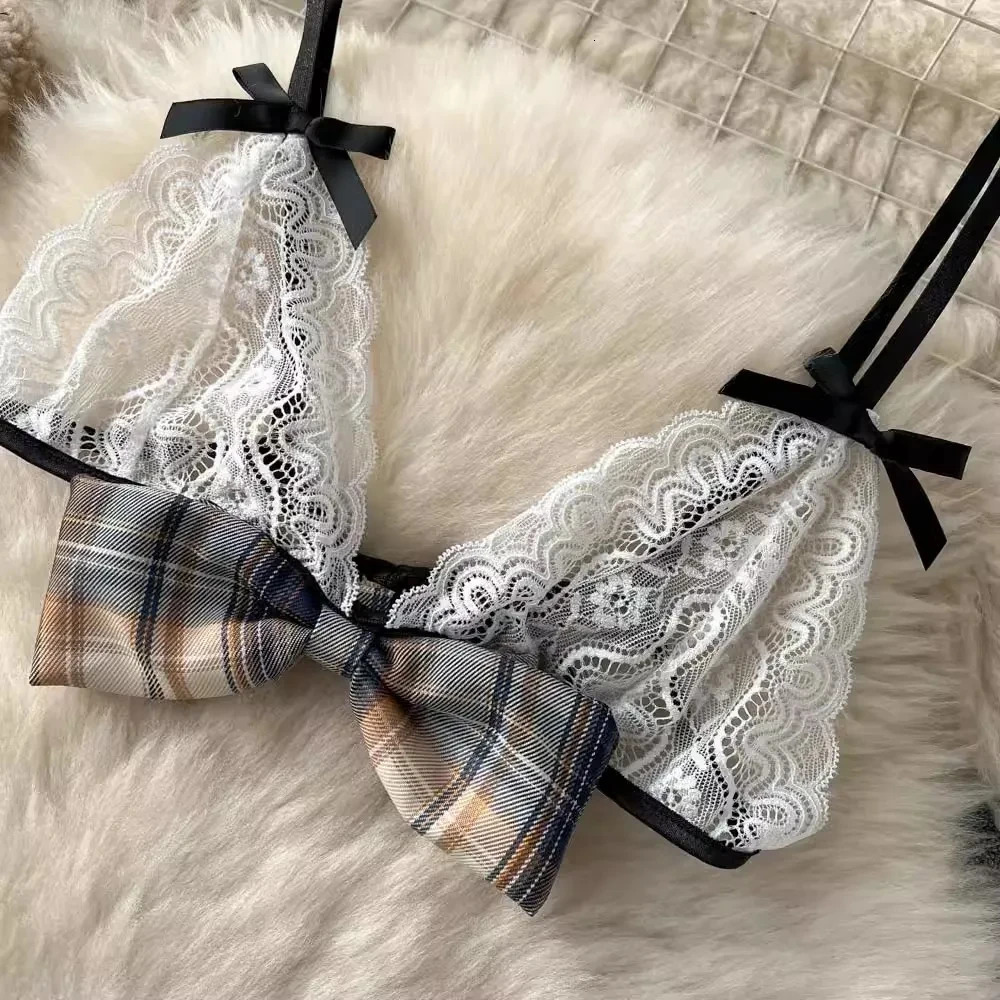 Short Skirt Sailor Chic Womens Dress Sexy Pleated Suits Lace Bra Brief Plaid Mini Skirt Preppy Style Ins sweet 5 Pieces Sets 241031