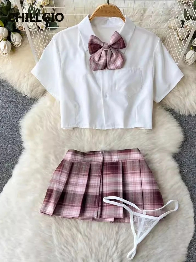 CHILLGIO Women sweet Plaid Pleated Skirts Suits Fashion Preppy Style Bow Tie Short Sleeve Shirt A Line Skirt Sexy Pajamas Set 241031