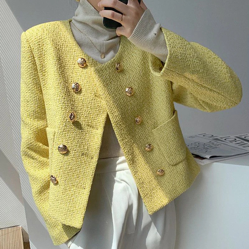 Rimcoy Womens Double-Breasted Tweed Jacket Round Neck Elegant Cropped Coats Women Korean Fashion Long Sleeve Solid Jackets 241031