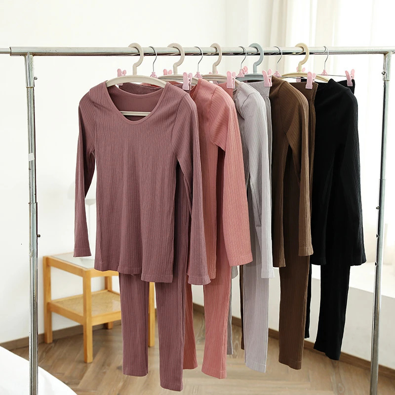 FINETOO Women Thermal Underwear Winter Warm Thick Homewear Clothes Seamless Long Sleeve Top Female Lingerie 2 Pcs Set Sleepwear 241031