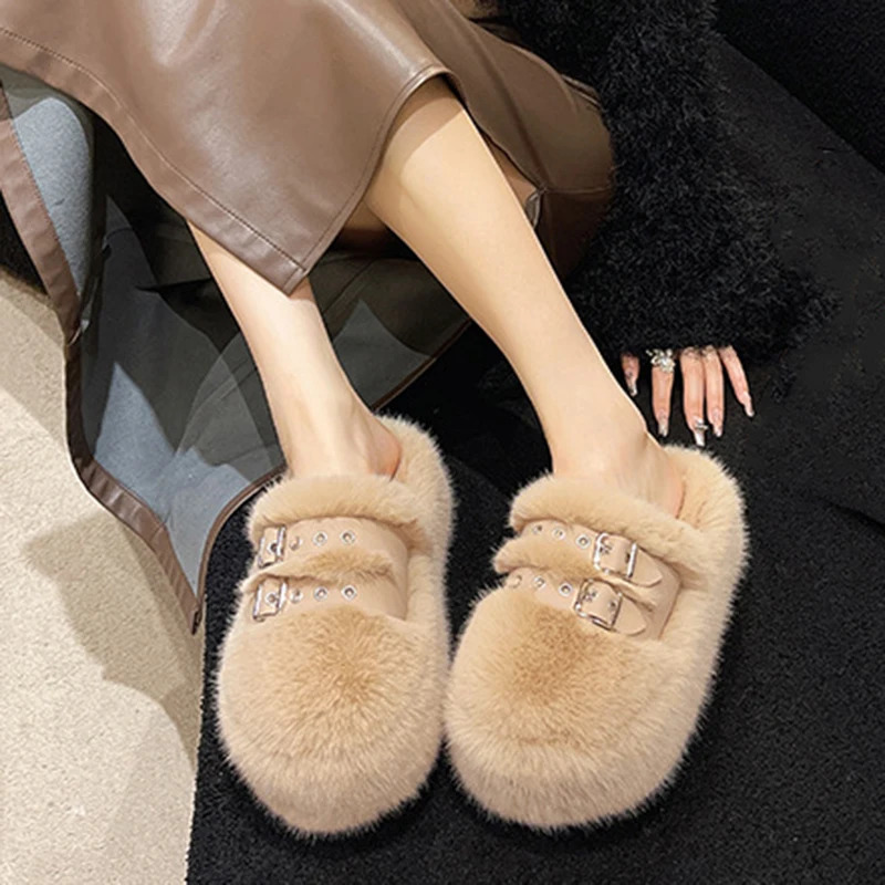 Womens Winter Home Thick Bottom Sliding Block Womens Leisure Sliding Block Fluffy Plush Lining Shoes Comfortable Indoor Sliding Block Size 34-40 24103
