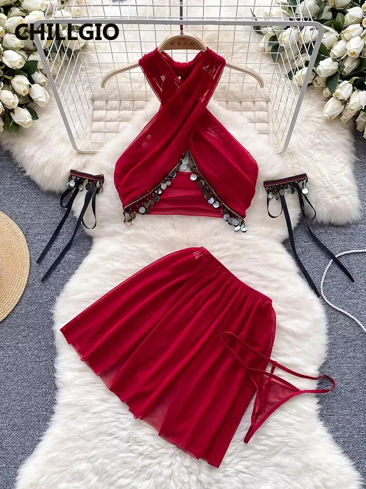 CHILLGIO Women Sexy Vintage Exotic Mesh Pajamas Suits Nightwear Fashion 4 Pieces Transparent Glitter Sequined Tops Skirts Sets 241031