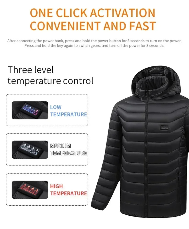 21 Zone Heating Jacket Black Hooded Jacket Outdoor Mountaineering Ski Suit Multi-Zone Heating Fast Warming Up Cotton Coat 2024 241031