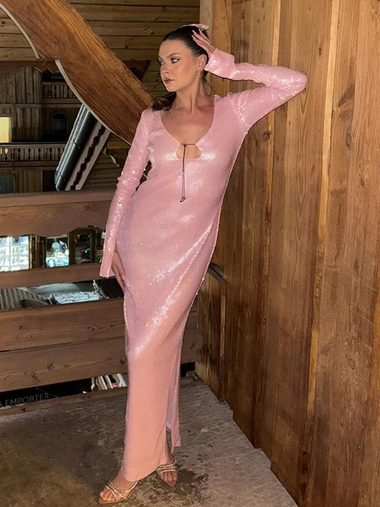 Sequin Lace Up Backless Long Dresses Deep V Flash Sparkling Sexy Long Sleeve Temperament Leakback Champagne Women Evening Dress 241031