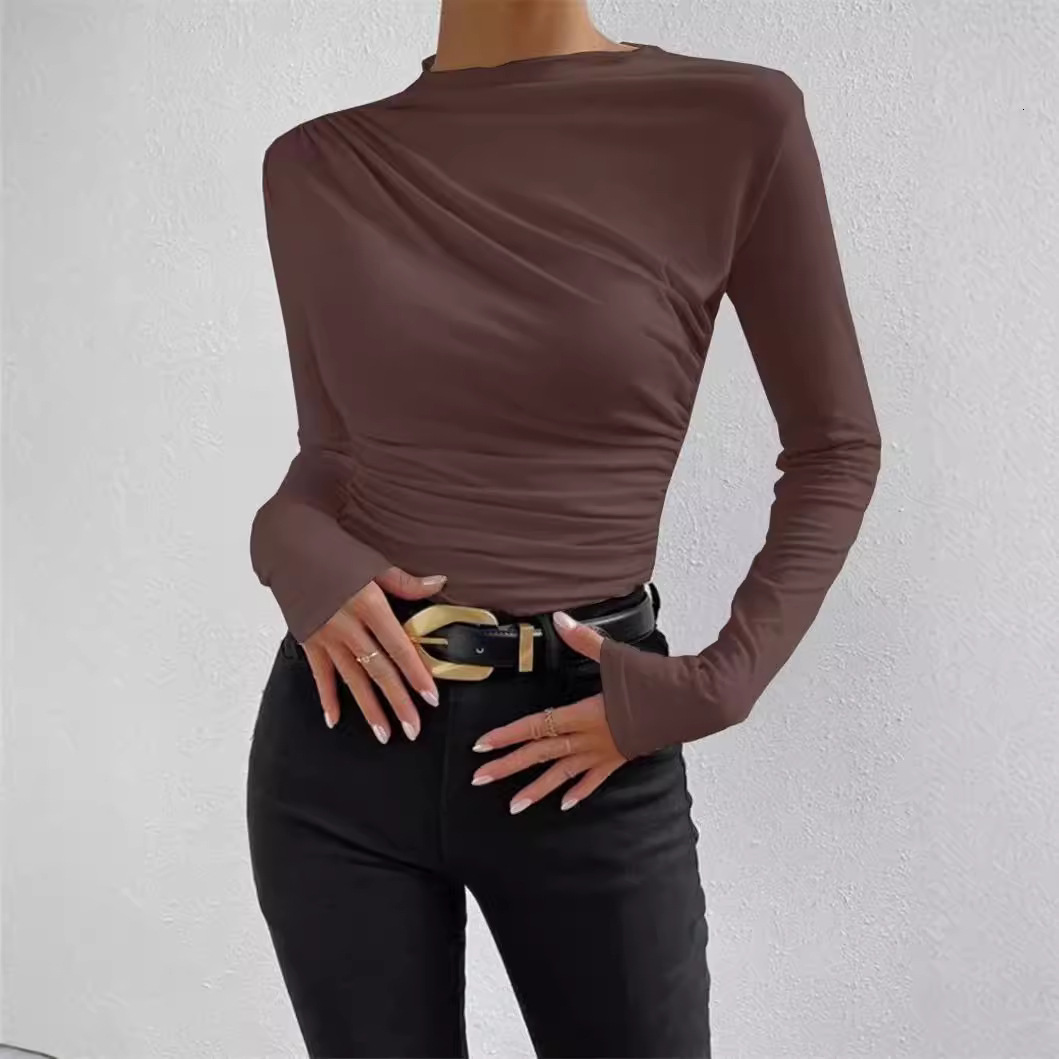 Designer 2024 autumn/winter solid color temperament slim fit versatile pleated design sense long sleeved top T-shirt for women