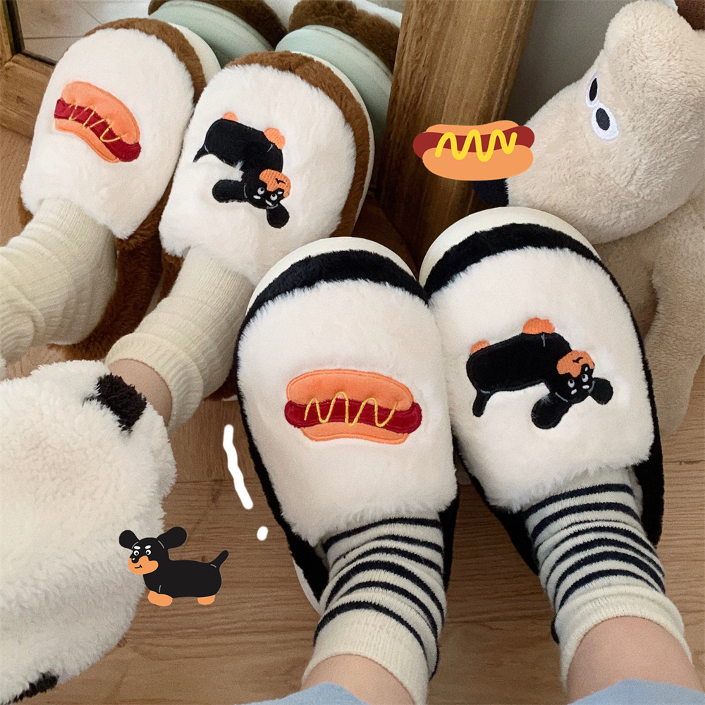 Female winter personality cartoon dachshund puppy fluffy cotton slippers Warm and interesting shoes for home bedroom in winter