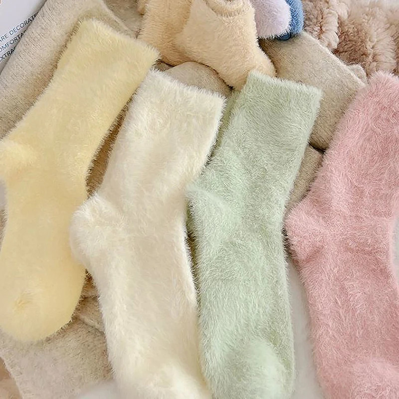 Super Soft Socks Mink Fleece for Women Ins Solid Winter Warm Thicken Coral Plush Socks Thermal Snow Home Sleep Floor Kawaii Sock 241031