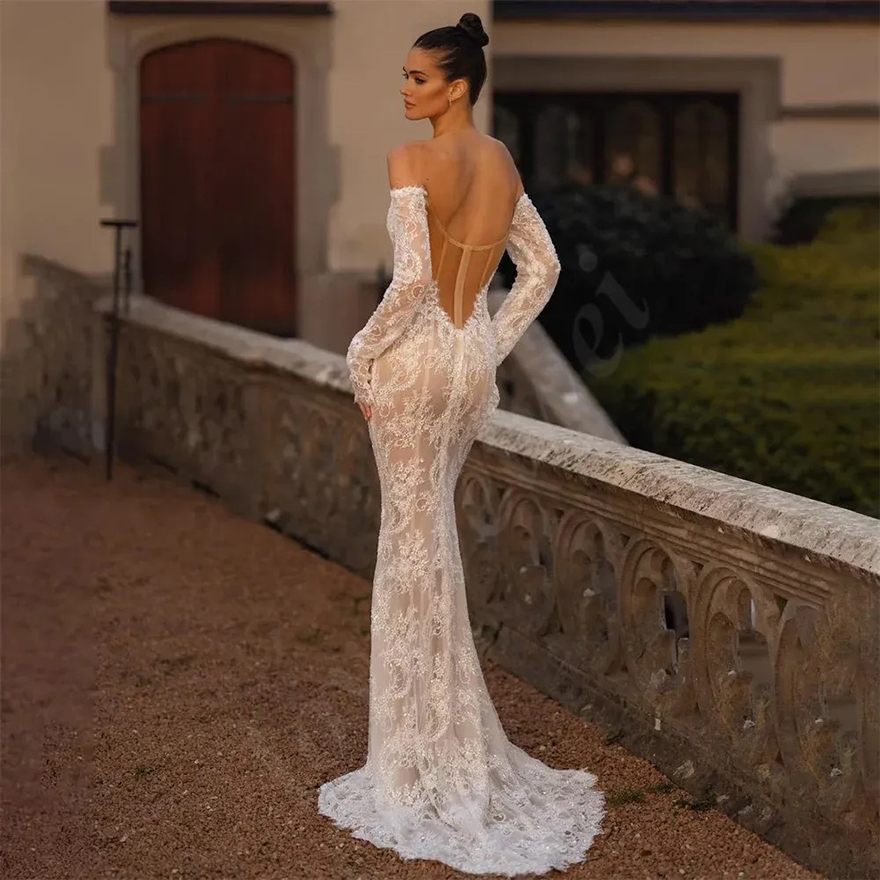 Sexy Backless Lace Mermaid Wedding Dresses Off The Shoulder Long Sleeves Bridal Gowns Illusion Champagne Lining Charming Bride Dress 2024 Summer