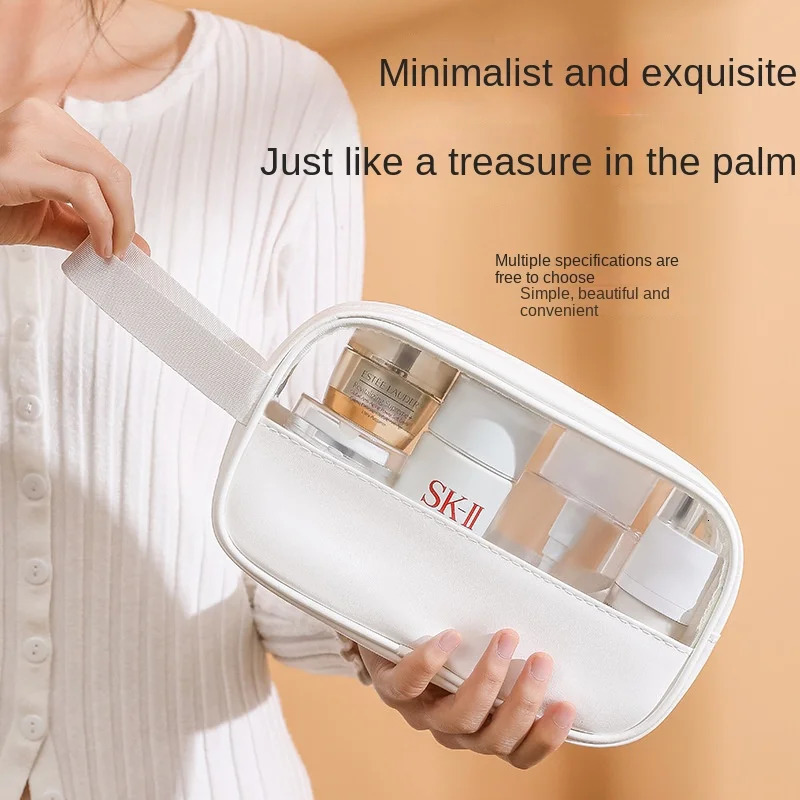 Fashion Transparent Makeup Wash Bag Womens Handheld PU Waterproof Large Capacity Storage Bag PVC Splicing Cosmetics Box 241031